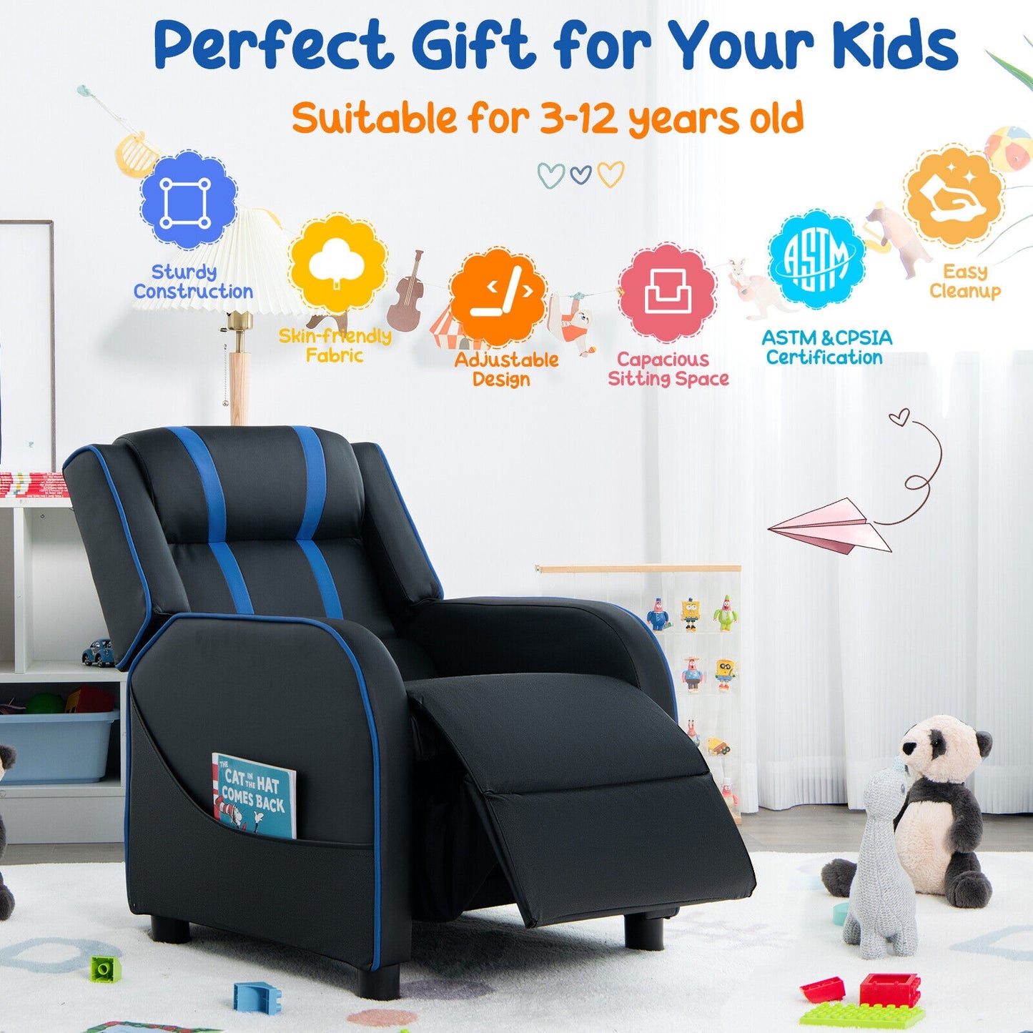 Kids Recliner Chair with Footrest and Side Pockets