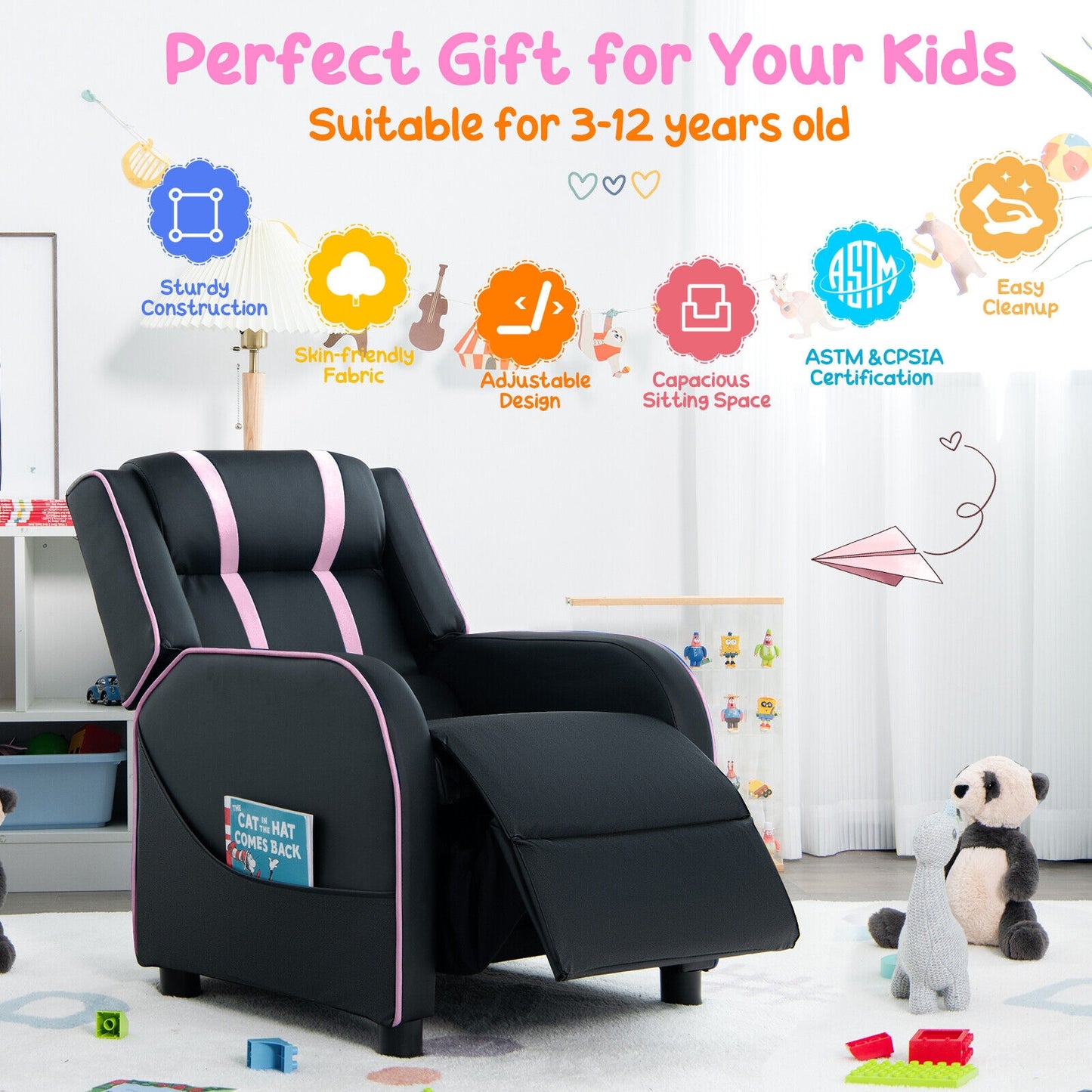 Kids Recliner Chair with Footrest and Side Pockets
