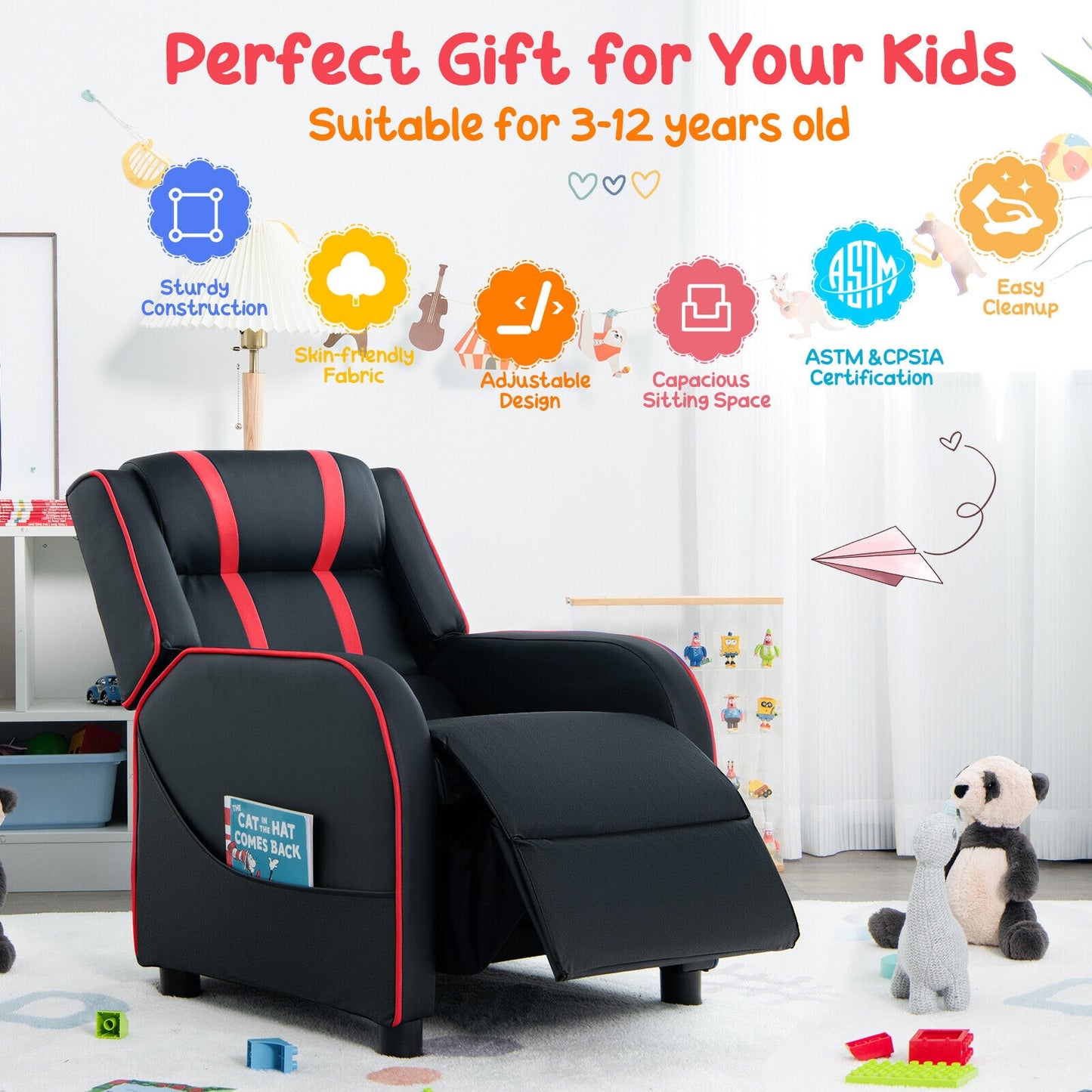 Kids Recliner Chair with Footrest and Side Pockets