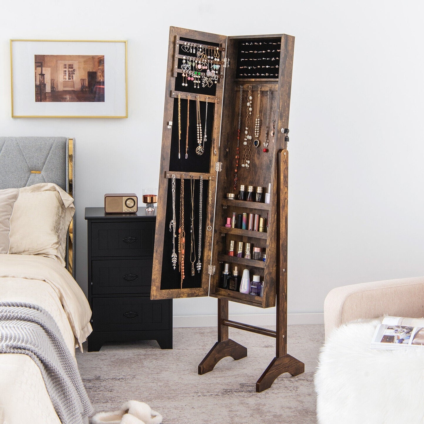 Free-Standing Jewelry Cabinet with Full-Length Mirror and Lockable Door