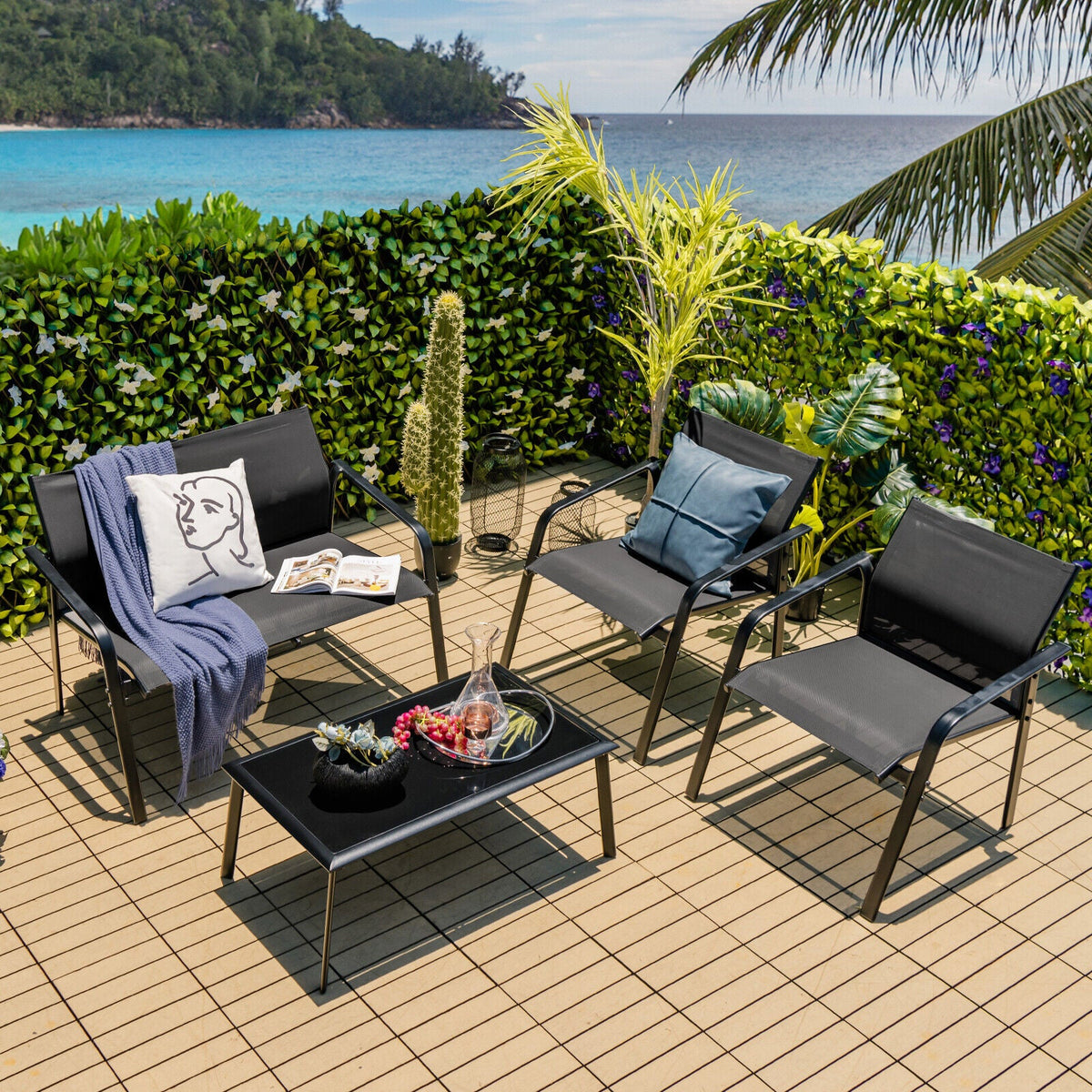 4 Pieces Patio Furniture Set with Armrest Loveseat Sofas and Glass Table Deck