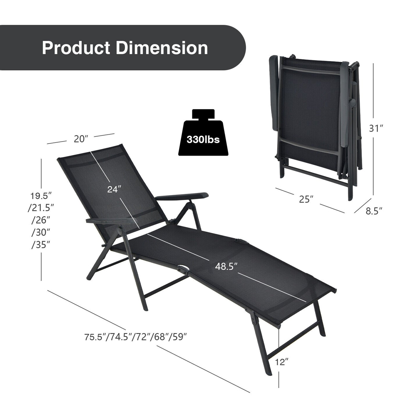 Foldable Chaise Lounge Chair with Adjustable Backrest