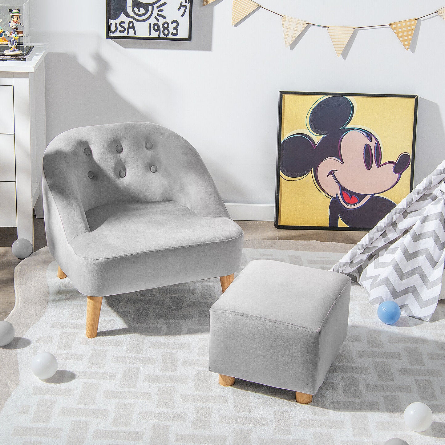 Kids Velvet Sofa Chair with Ottoman - Gray
