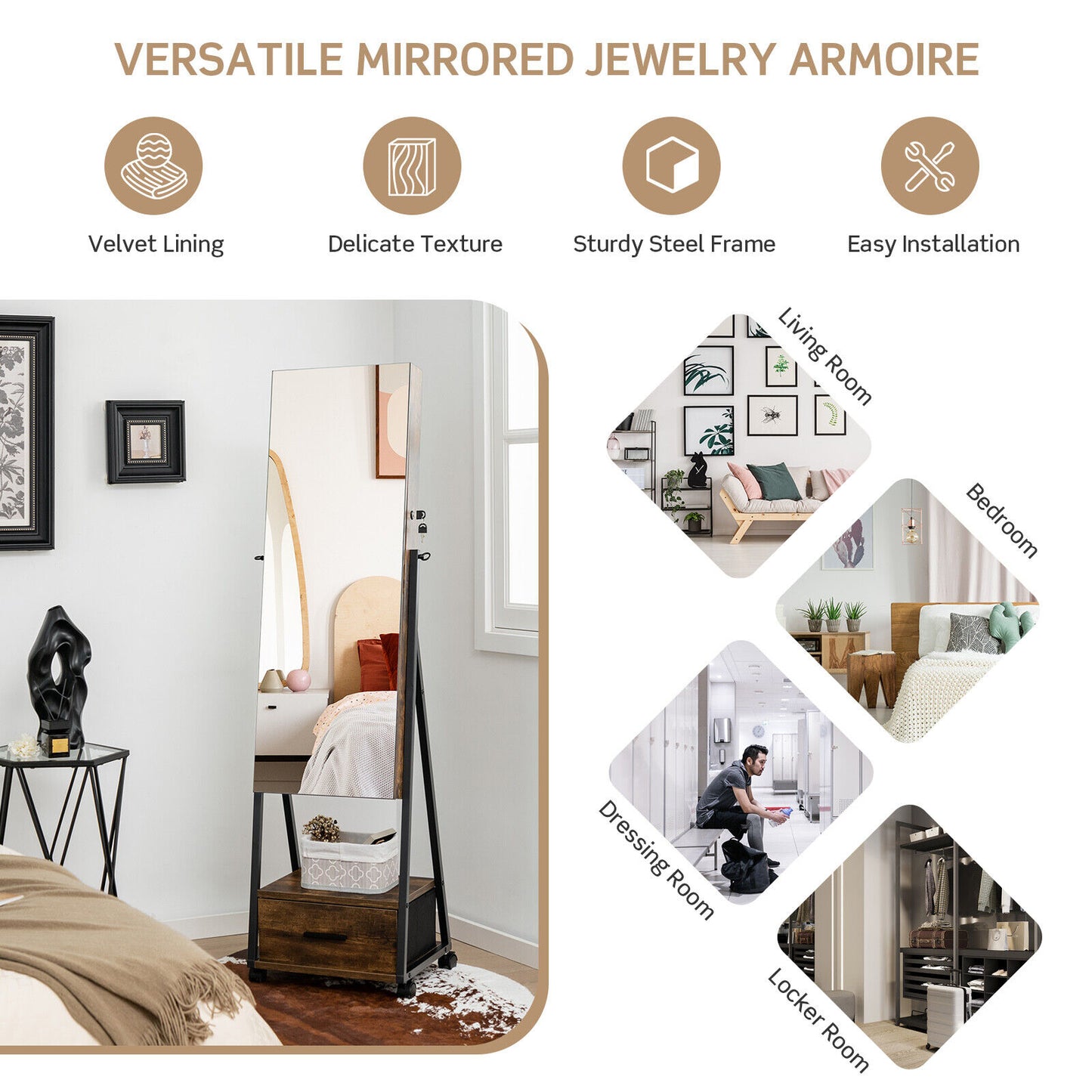 Jewelry Cabinet with Full Length Mirror and Storage Drawer