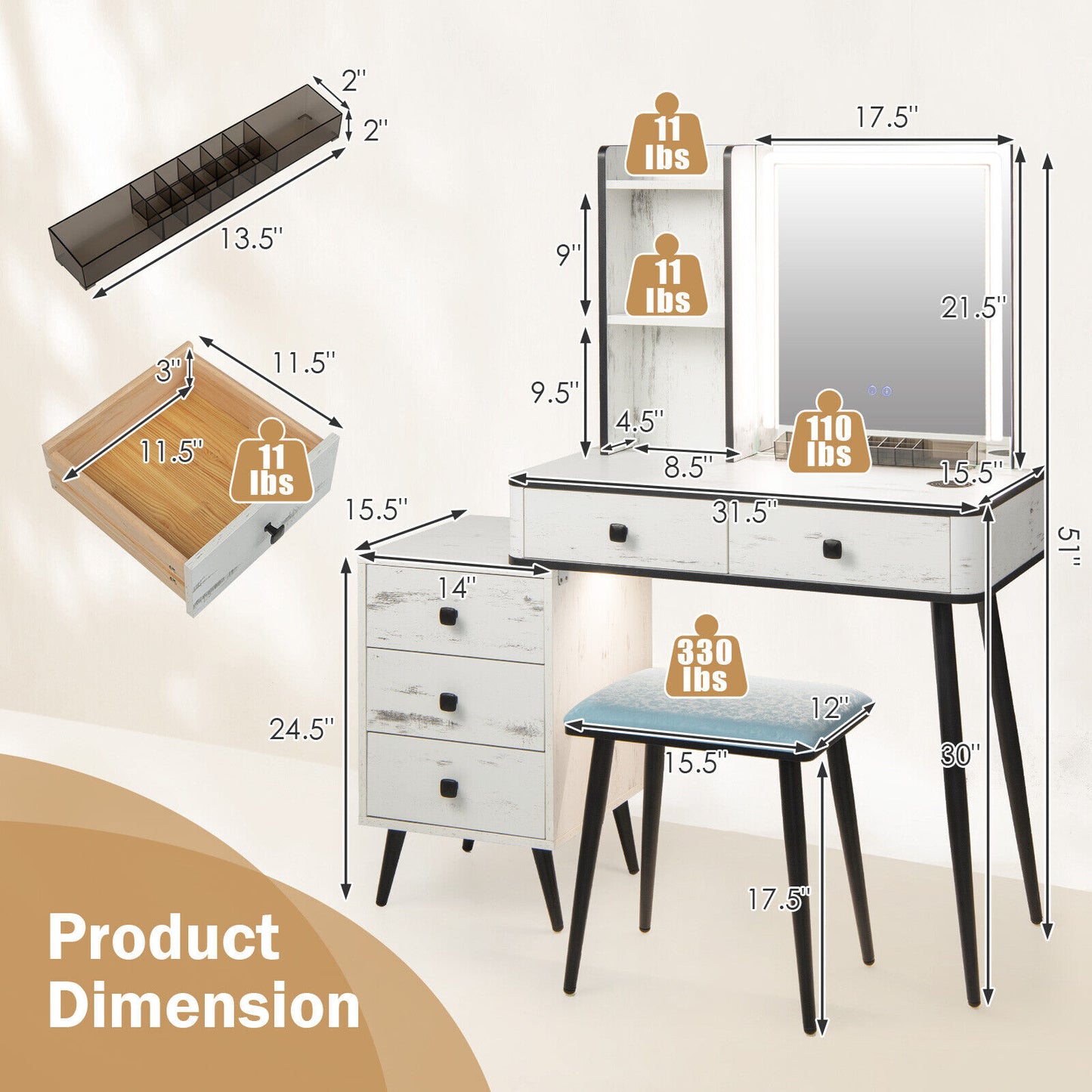 Lighted Vanity Makeup Table Set with Stool and Drawers