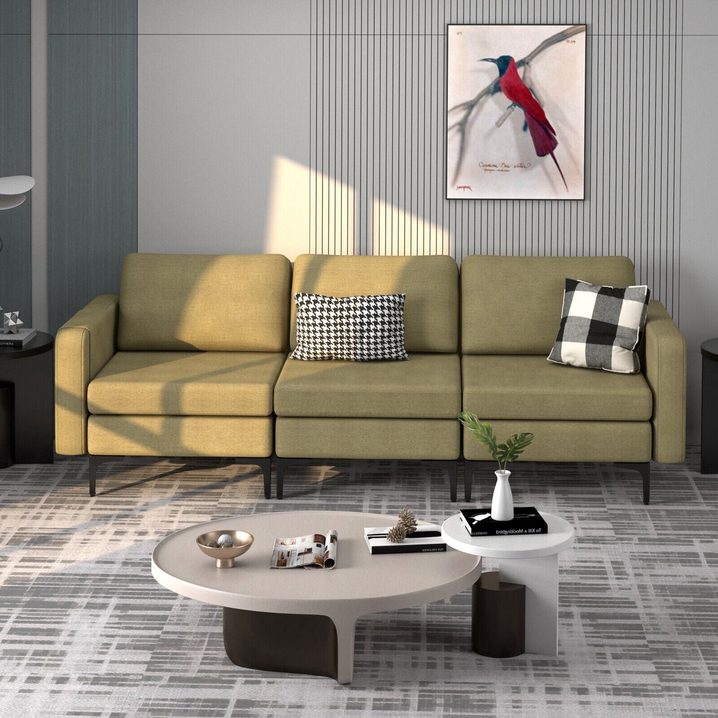 3-Seat Sectional Sofa Couch with Armrest Magazine Pocket and Metal Leg