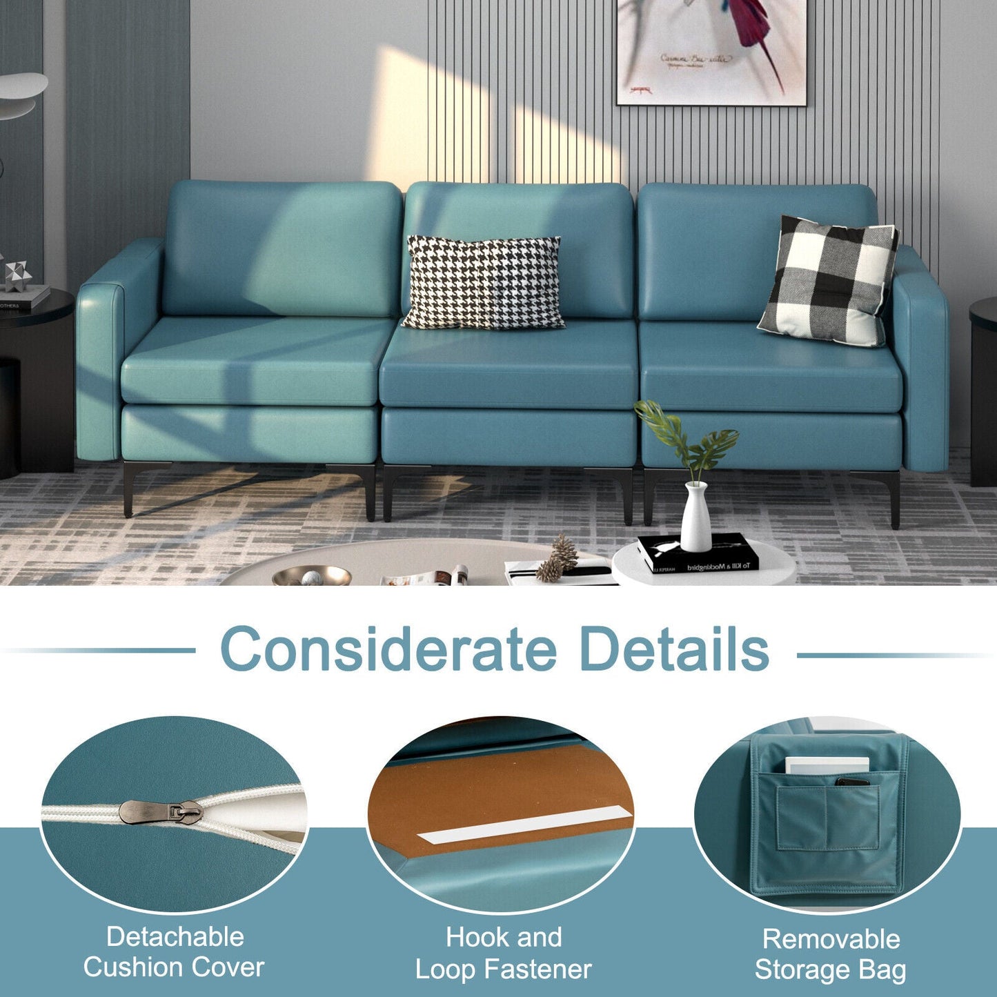 3-Seat Sectional Sofa Couch with Armrest Magazine Pocket and Metal Leg