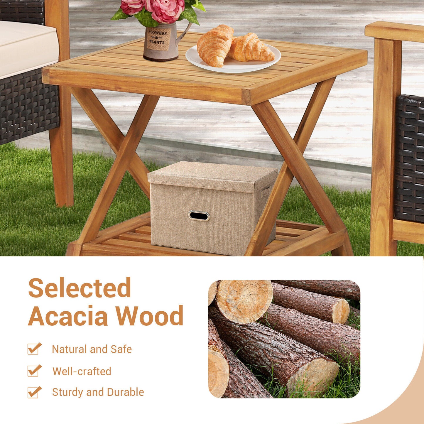 3-Piece Patio Conversation Set with Wicker Chairs & Side Table