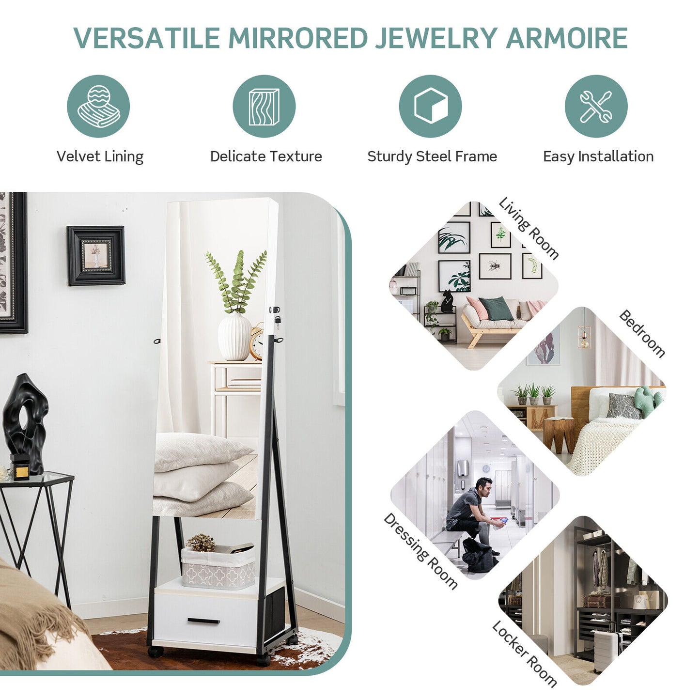 Jewelry Cabinet with Full Length Mirror and Storage Drawer