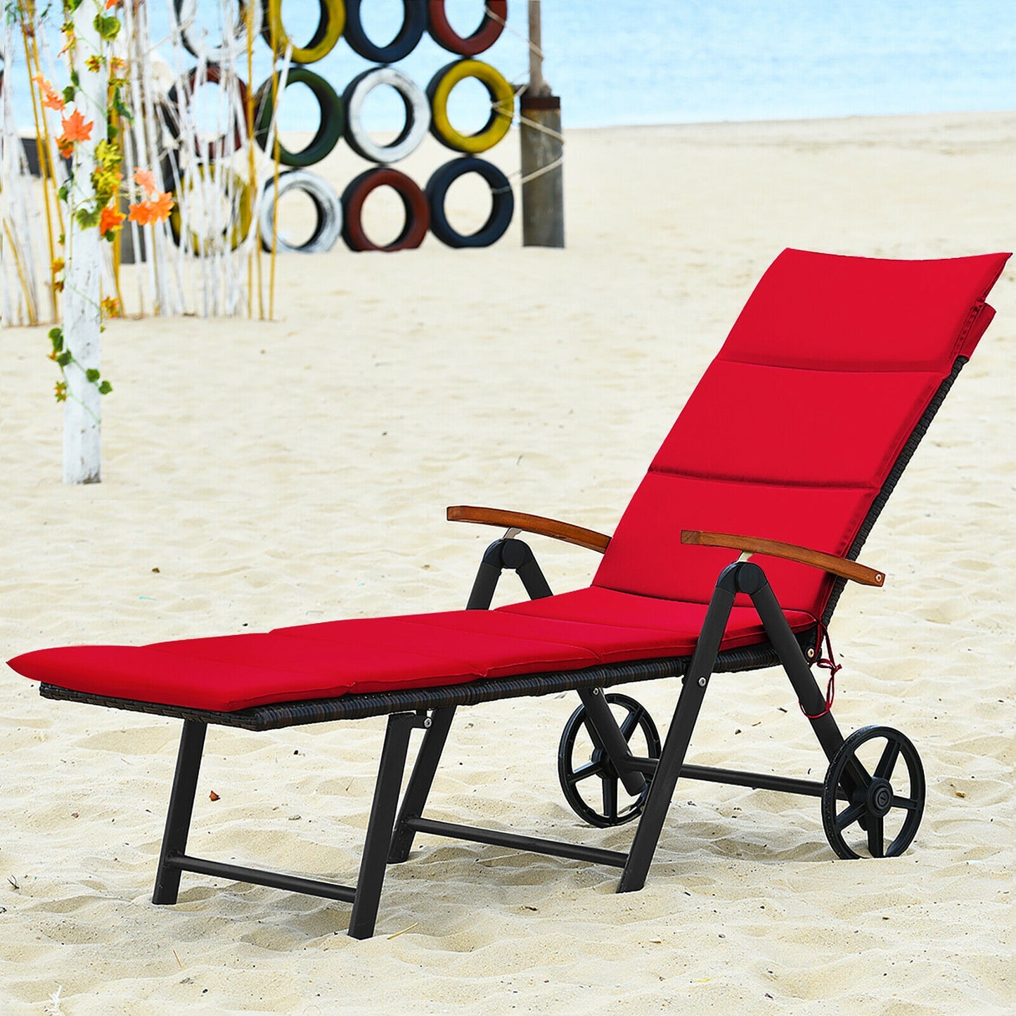 Folding Patio Chaise Lounge Chair with Wheels and Cushion