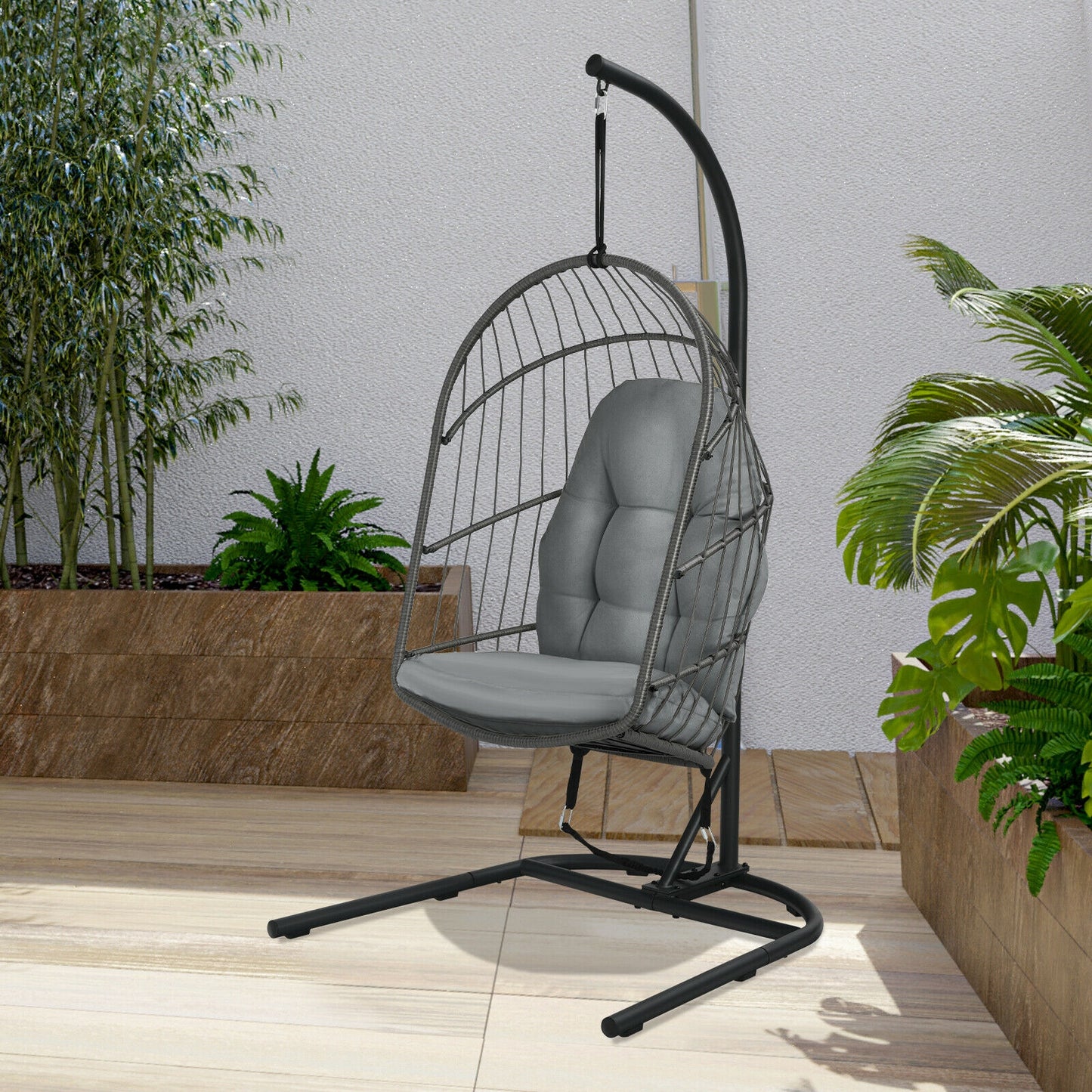 Hanging Egg Chair with Stand and Cushions - Gray