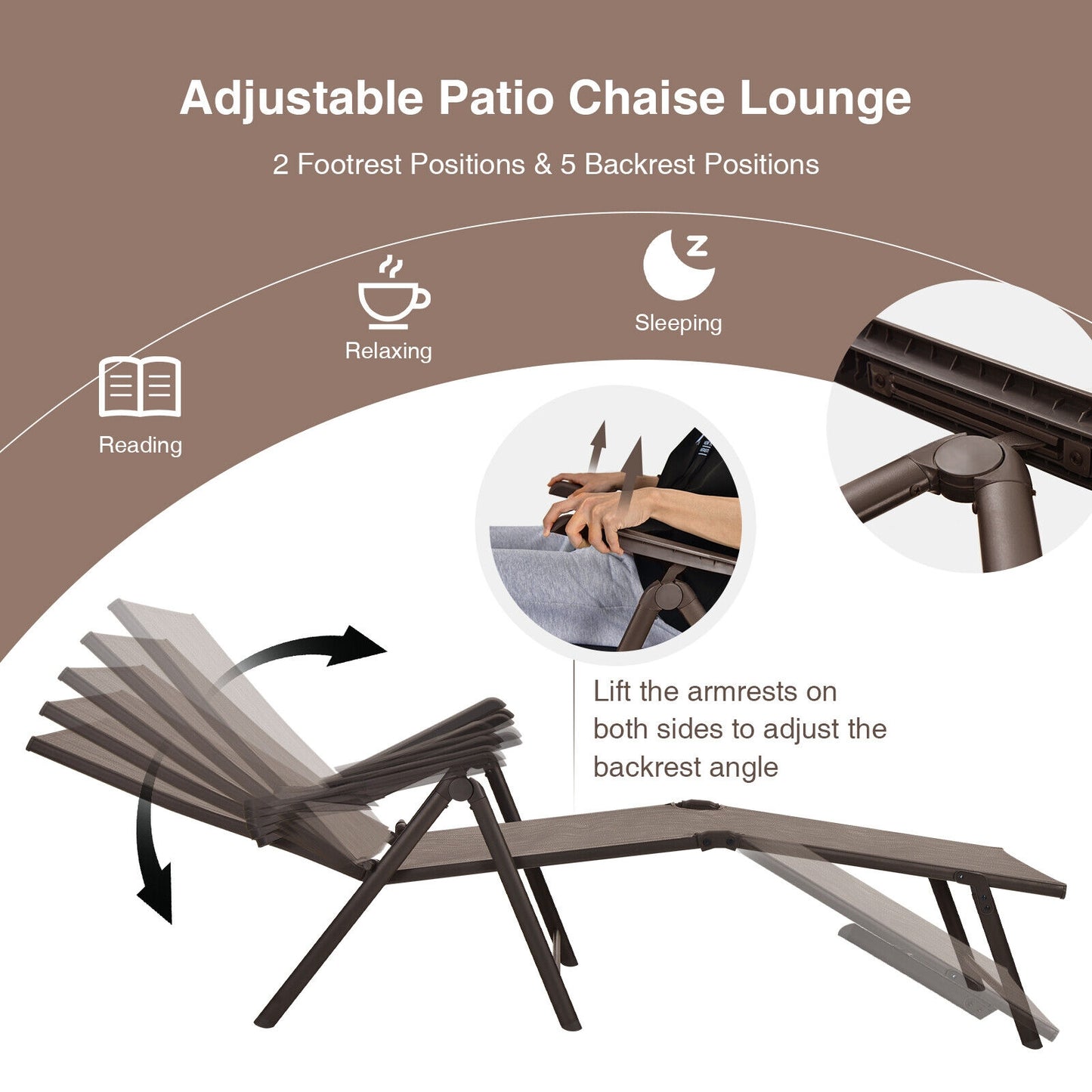 Foldable Chaise Lounge Chair with Adjustable Backrest