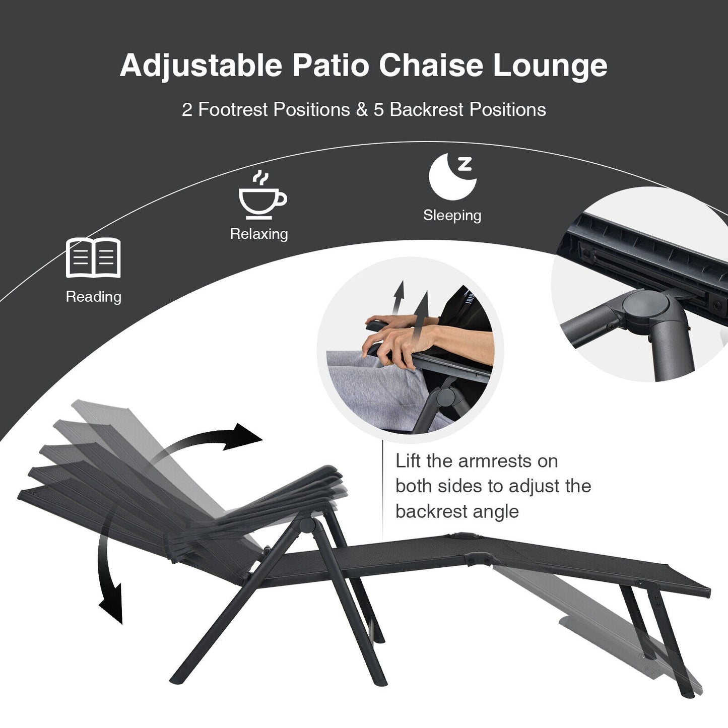 Foldable Chaise Lounge Chair with Adjustable Backrest
