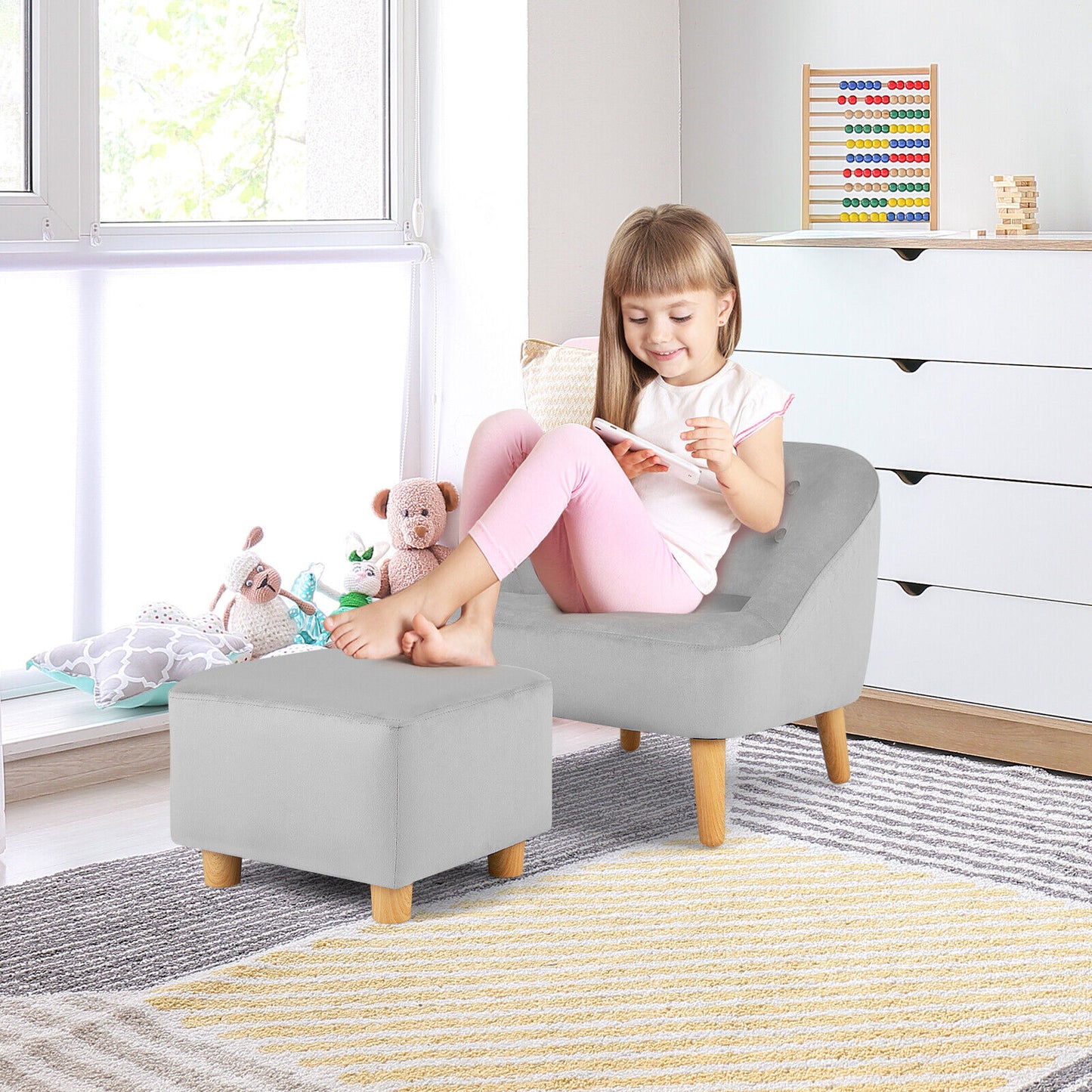 Kids Velvet Sofa Chair with Ottoman - Gray