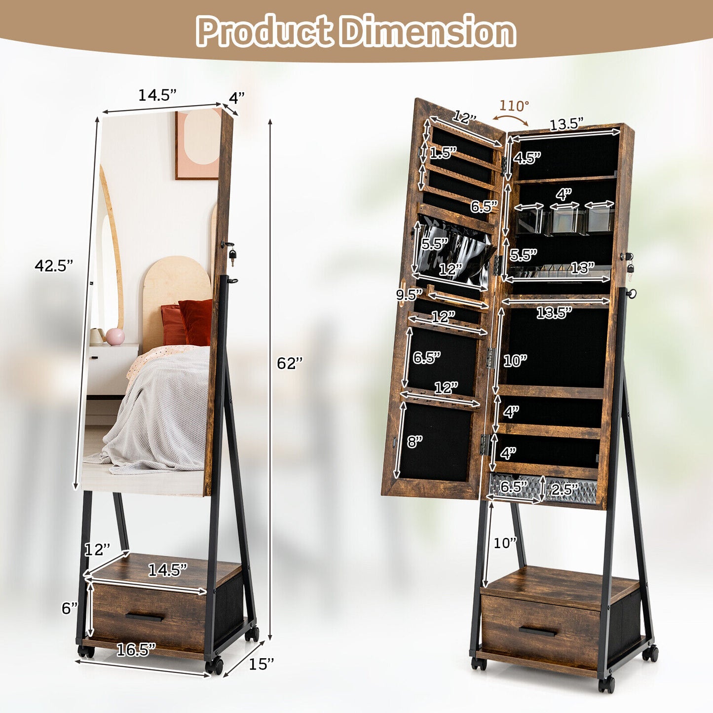 Jewelry Cabinet with Full Length Mirror and Storage Drawer
