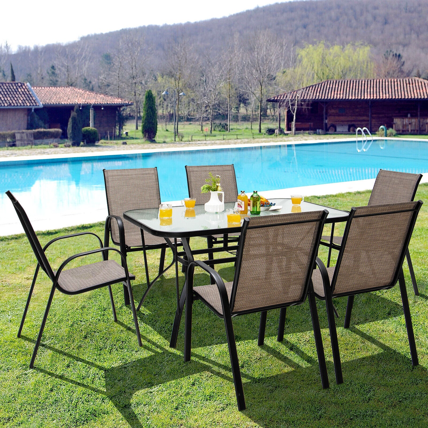 Stackable Patio Dining Chairs Set of 6 with Curved Armrests