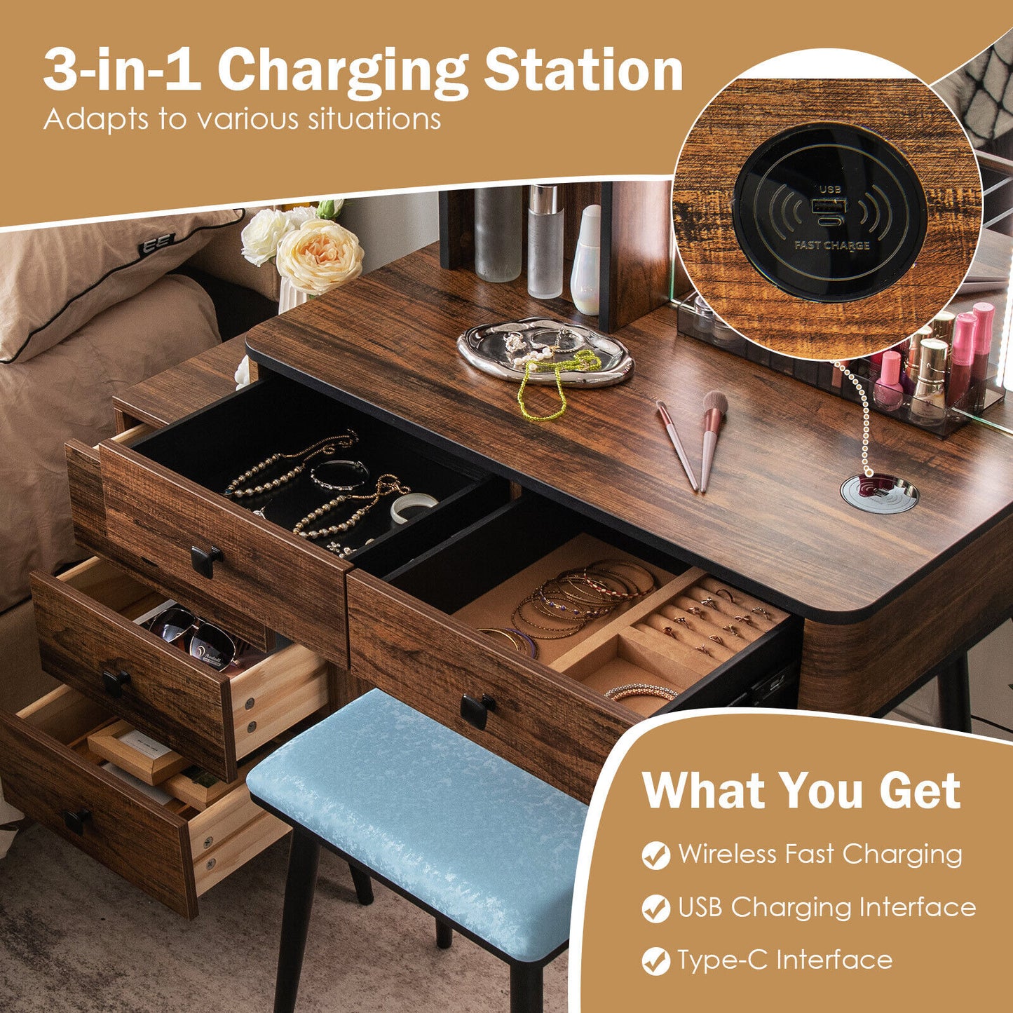 Lighted Vanity Makeup Table Set with Stool and Drawers