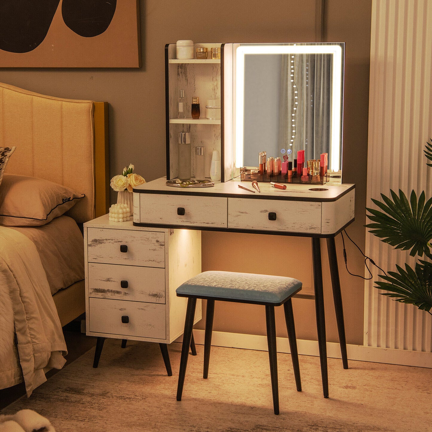 Lighted Vanity Makeup Table Set with Stool and Drawers