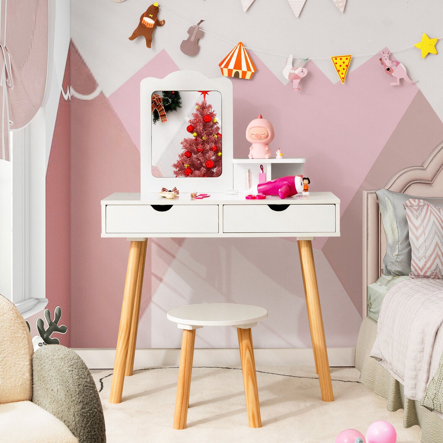 Kids Vanity Table and Chair Set with Mirror and Drawers