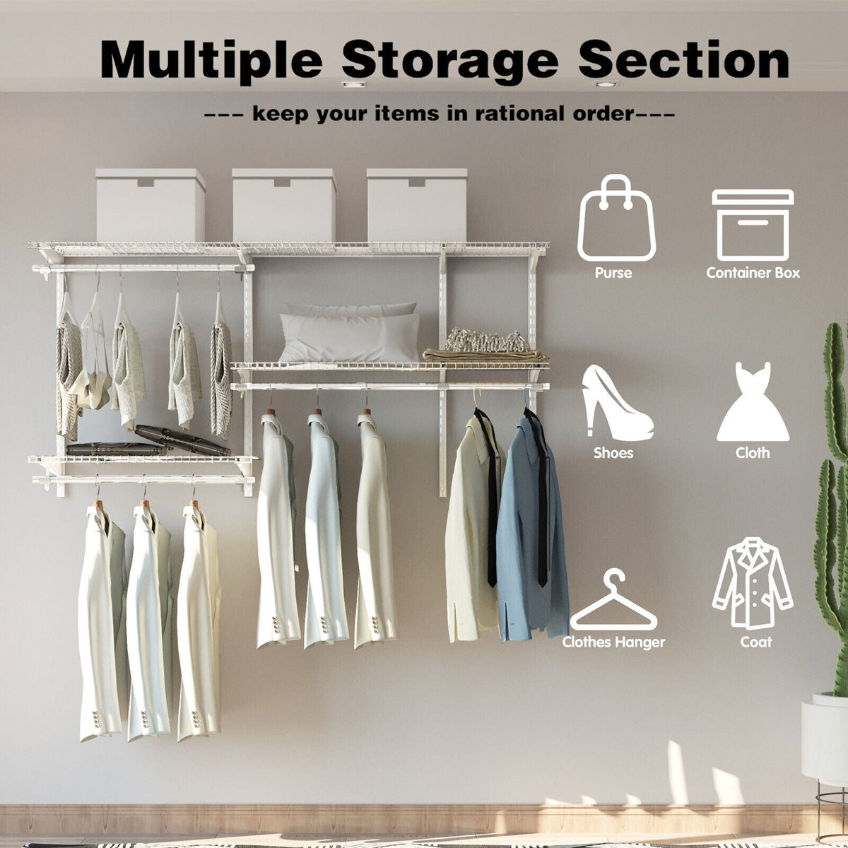 Custom Closet Organizer Kit 3 to 5 Feet Wall-Mounted Closet System with Hang Rod