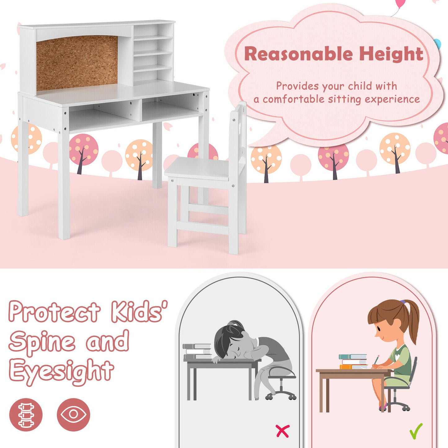 Kids Desk and Chair Set with Hutch and Bulletin Board