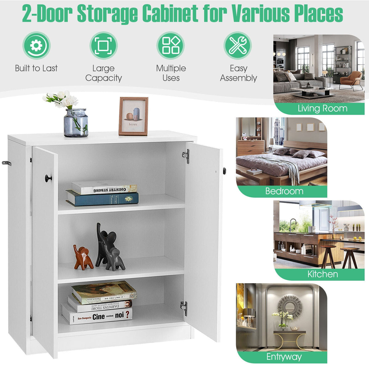 2 Door Storage Base Cabinet with 3-Tier Shelf-White