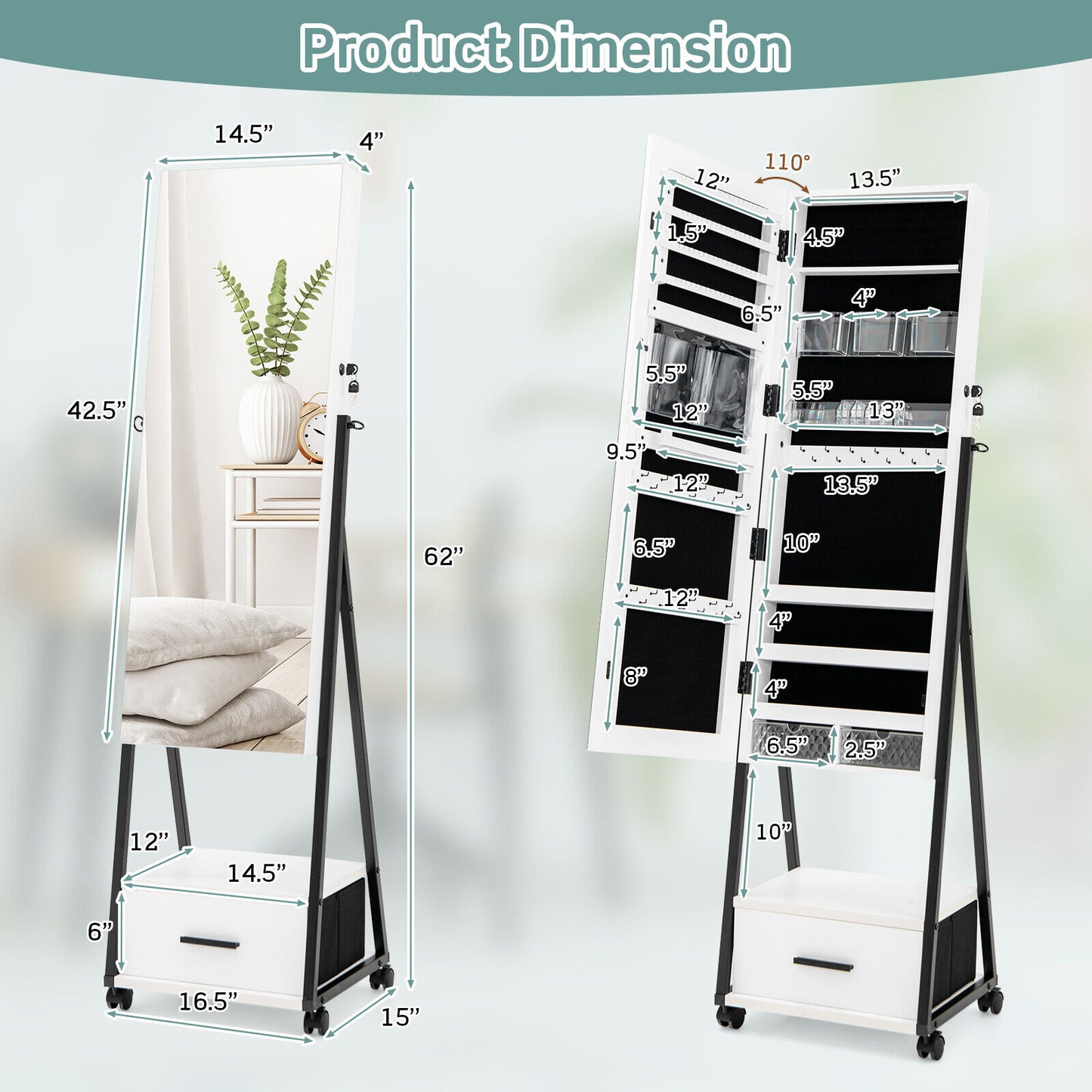 Jewelry Cabinet with Full Length Mirror and Storage Drawer