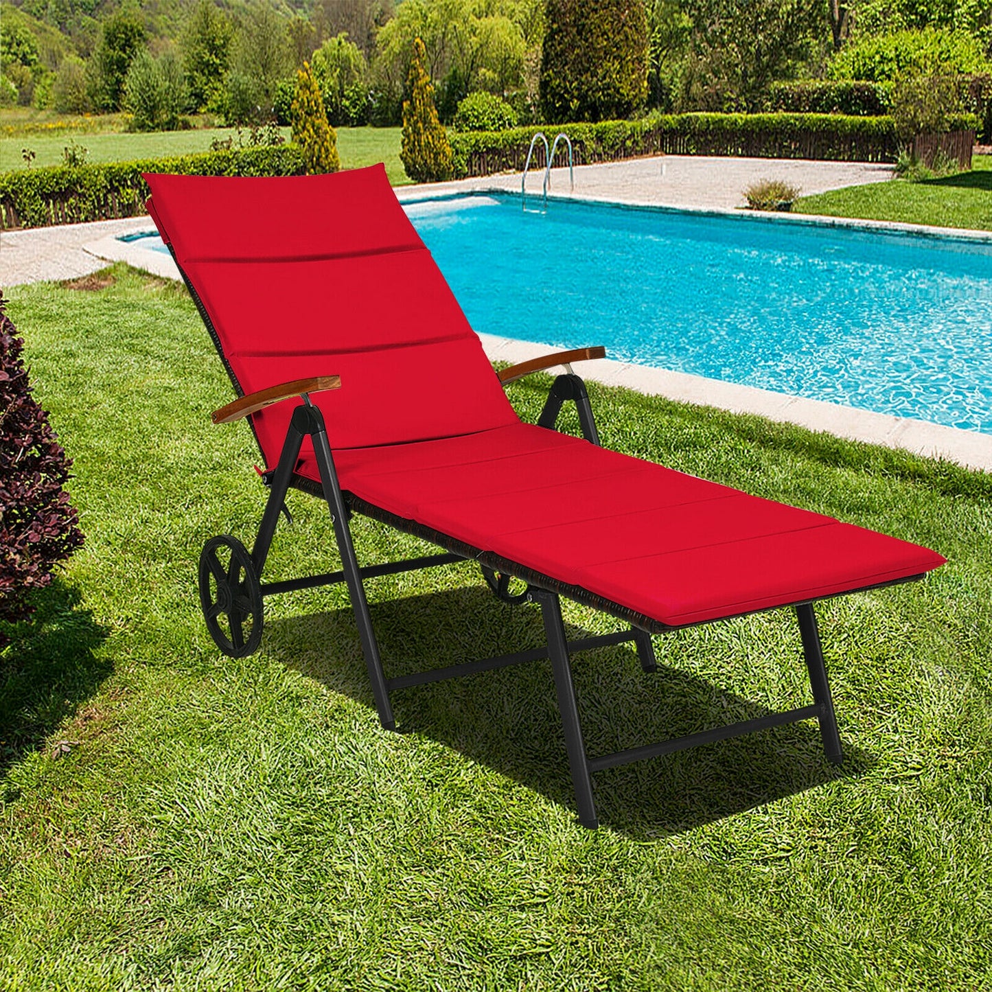 Folding Patio Chaise Lounge Chair with Wheels and Cushion