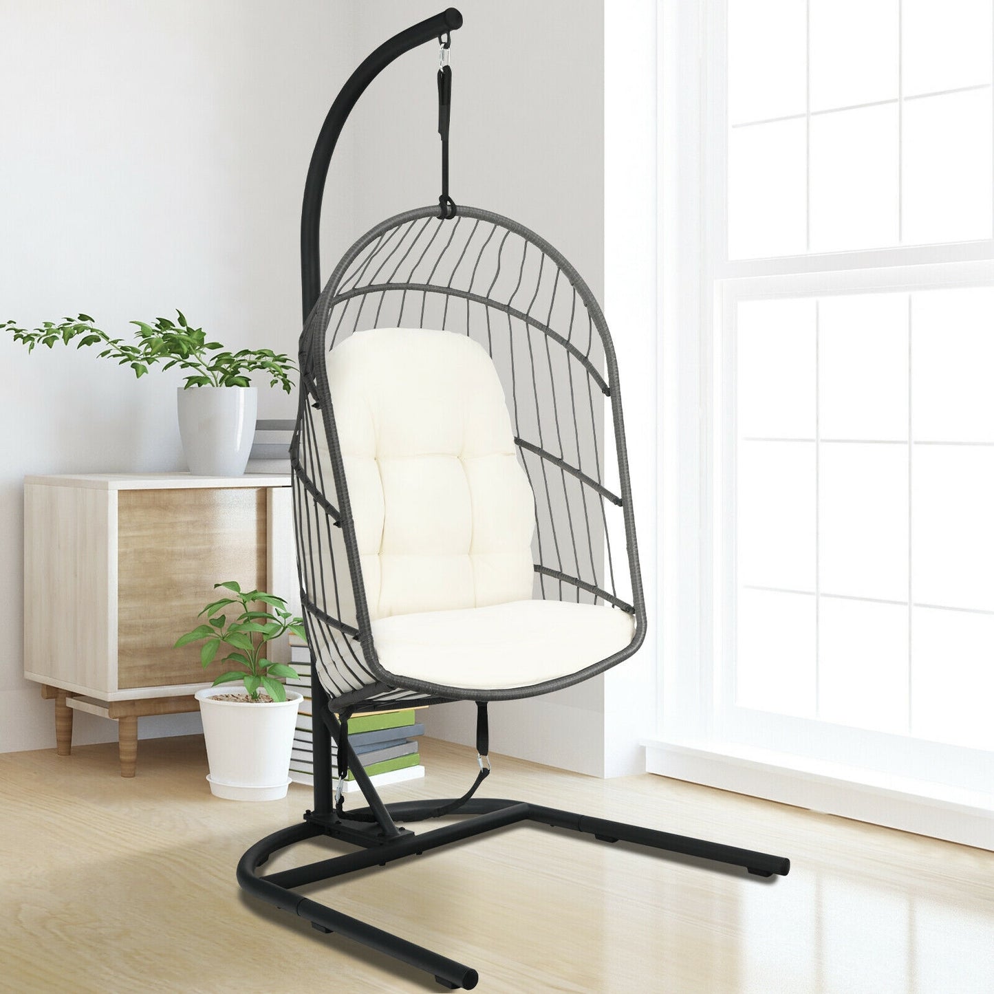 Hanging Egg Chair with Stand and Cushions - Gray