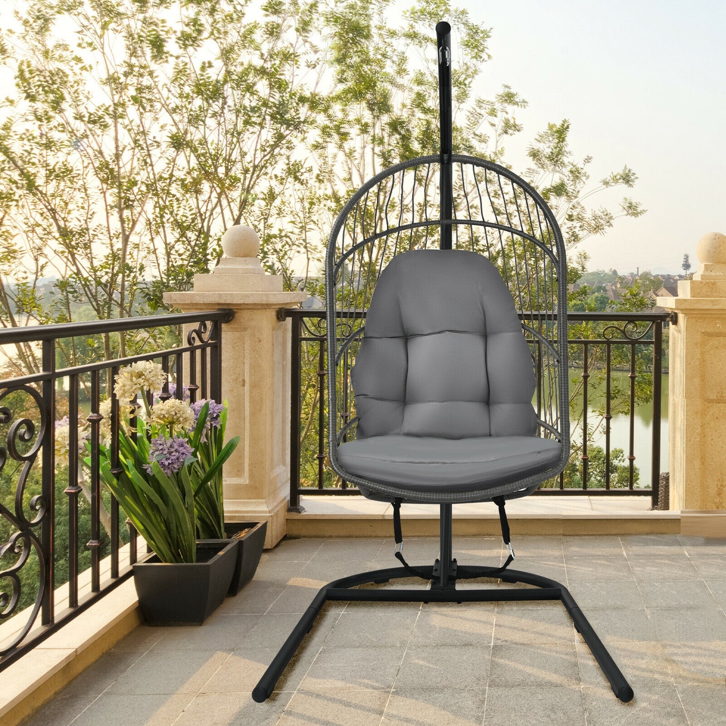 Hanging Egg Chair with Stand and Cushions - Gray