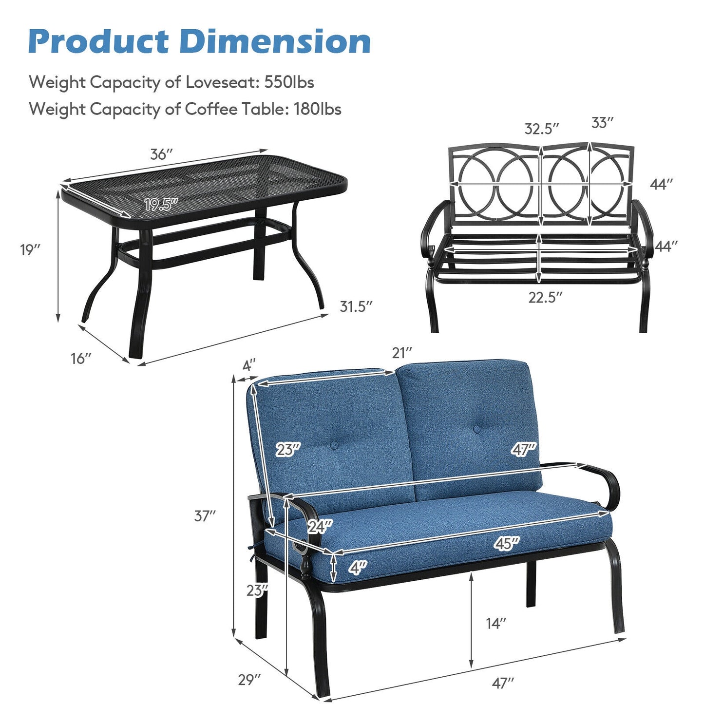 2-Piece Patio Loveseat Set with Cushions and Coffee Table