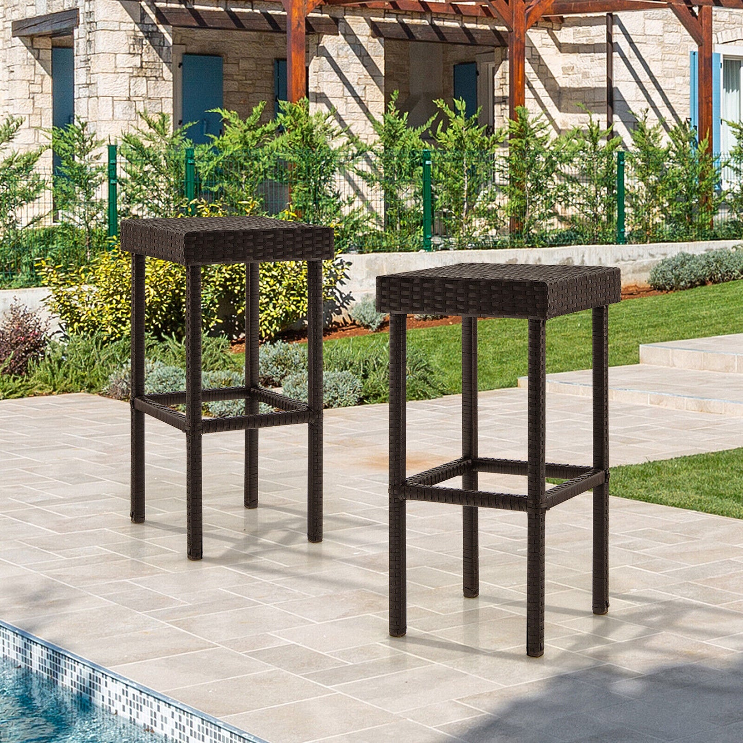 Patio Rattan Bar Stools Set of 2 - Brown Wicker