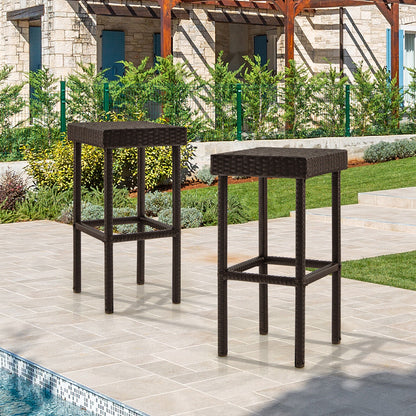 Patio Rattan Bar Stools Set of 2 - Brown Wicker