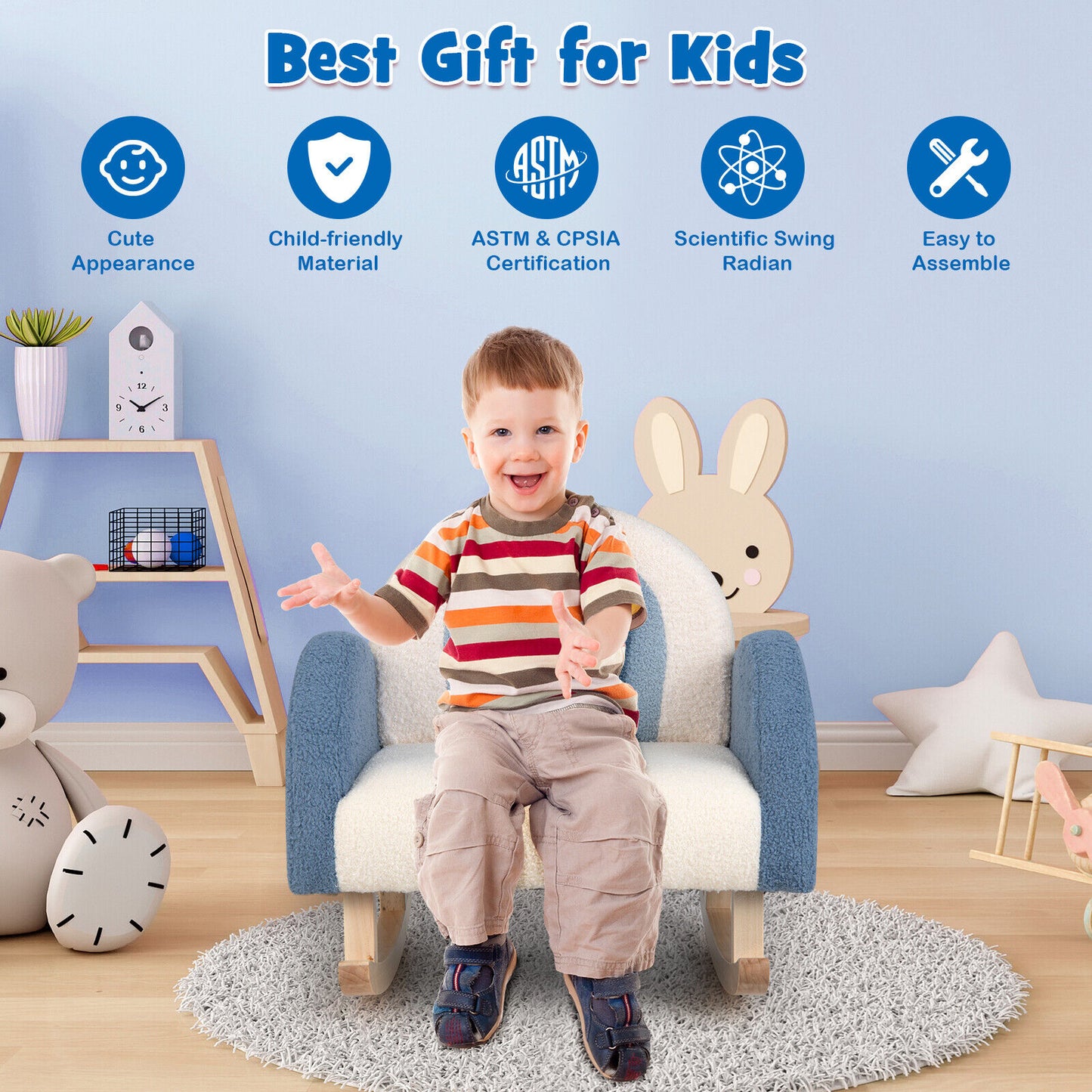 Kids Rocking Chair with Velvet Upholstery & Wood Legs