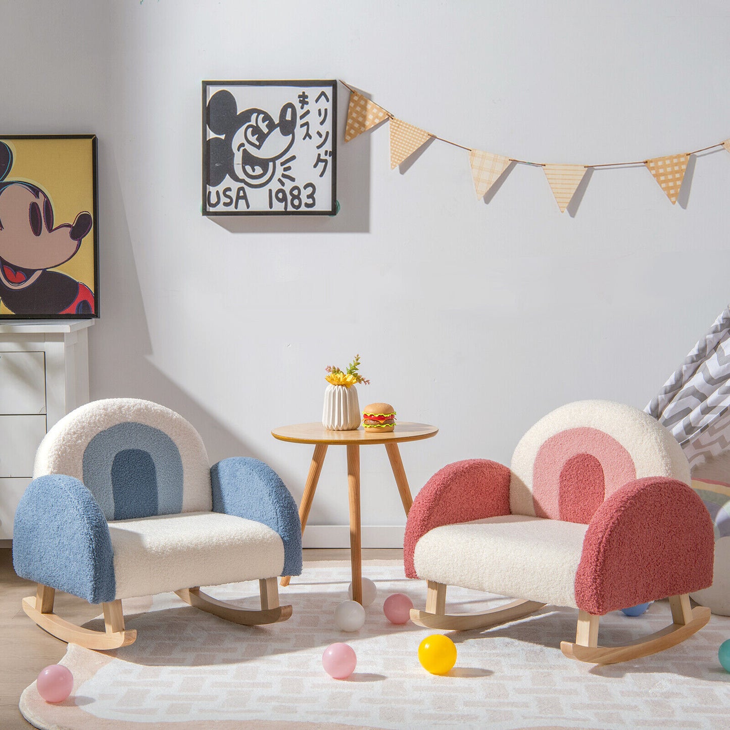 Kids Rocking Chair with Velvet Upholstery & Wood Legs
