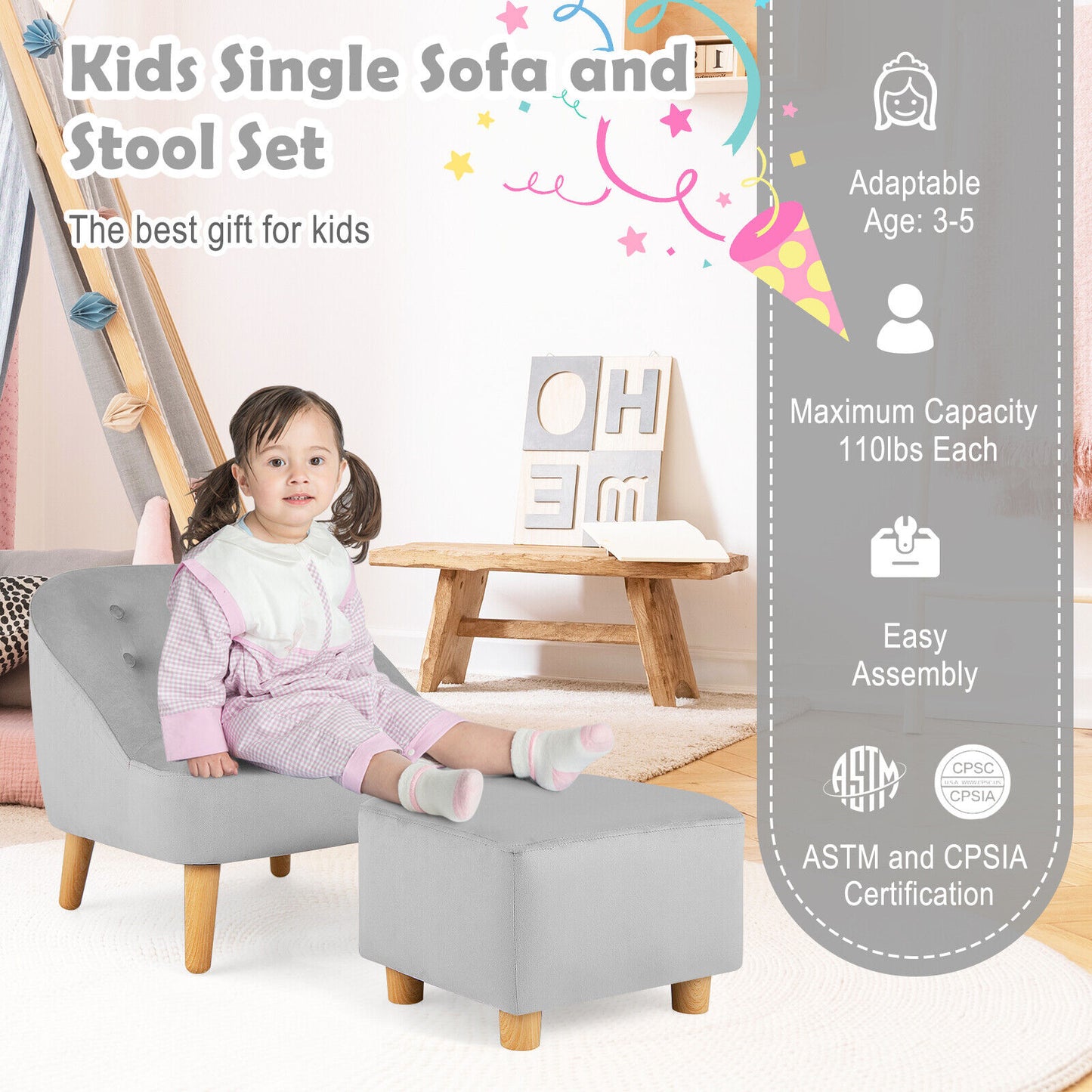 Kids Velvet Sofa Chair with Ottoman - Gray