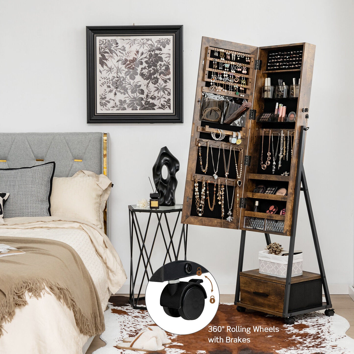Jewelry Cabinet with Full Length Mirror and Storage Drawer