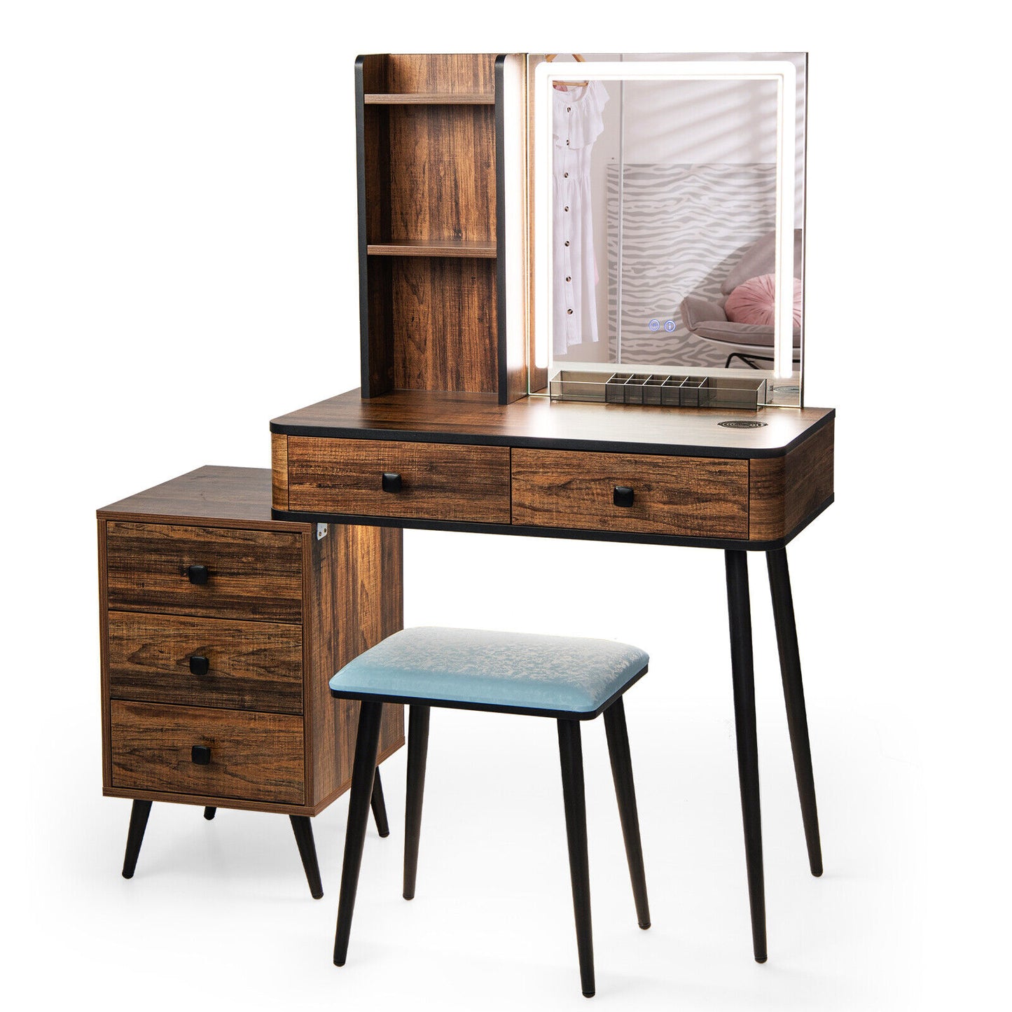 Lighted Vanity Makeup Table Set with Stool and Drawers