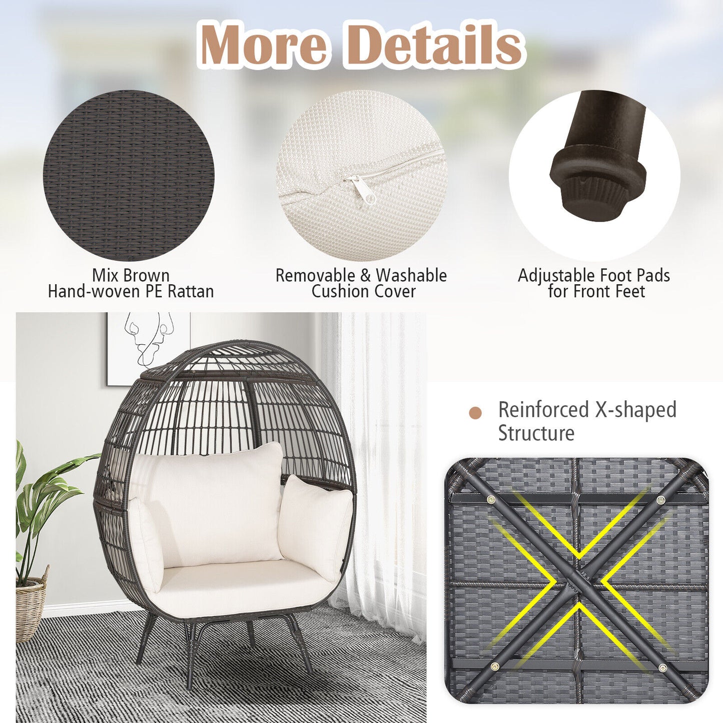 Oversized Rattan Egg Lounge Chair with 4 Cushions