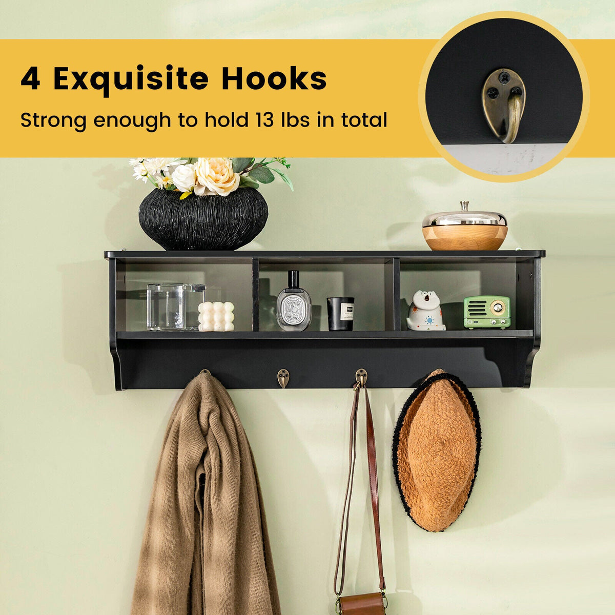 Wall Mount Cubby Organizer Hooks Entryway Storage Shelf