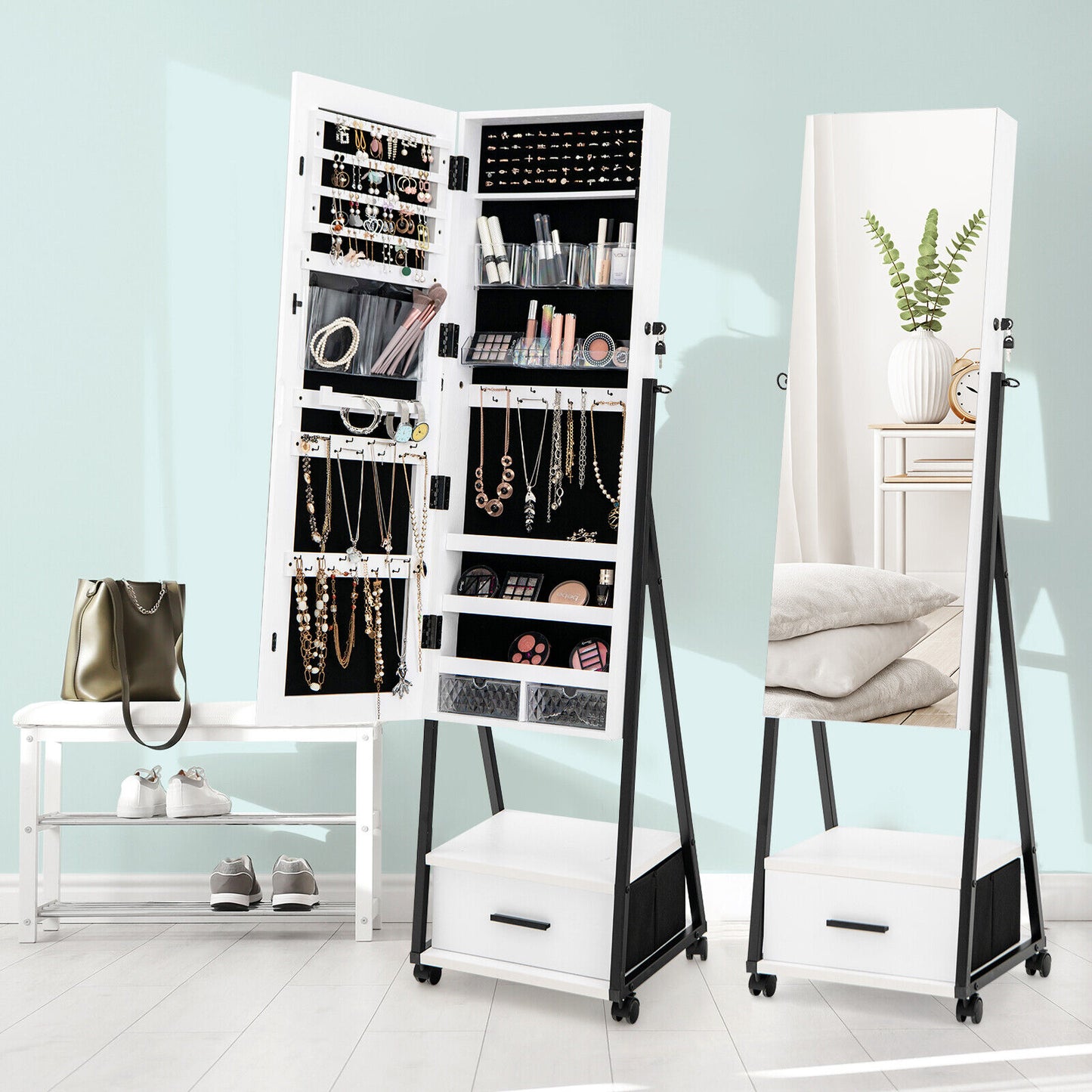Jewelry Cabinet with Full Length Mirror and Storage Drawer