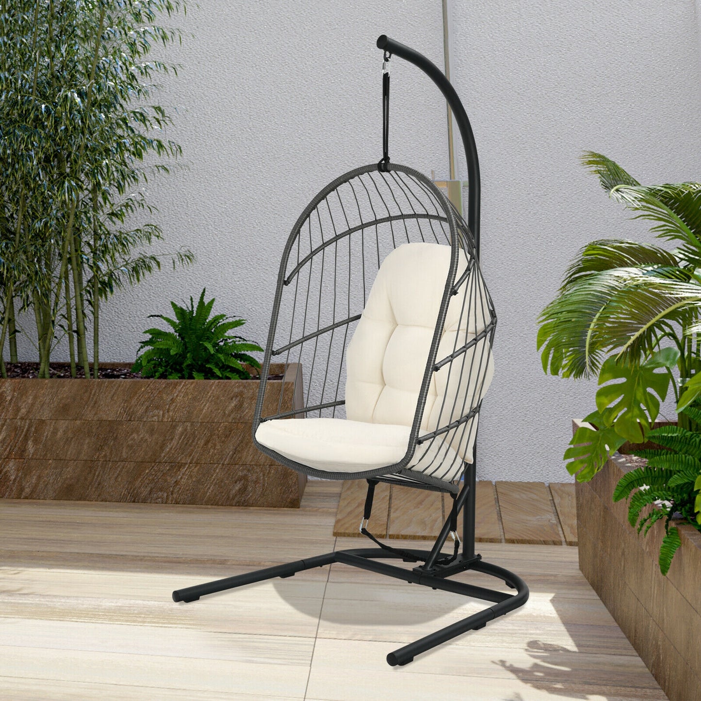 Hanging Egg Chair with Stand and Cushions - Gray