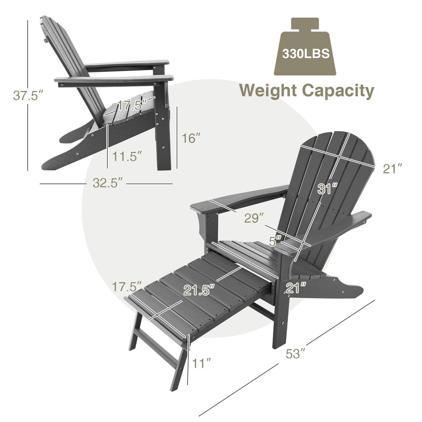 Adirondack Chair with Retractable Ottoman HDPE Outdoor