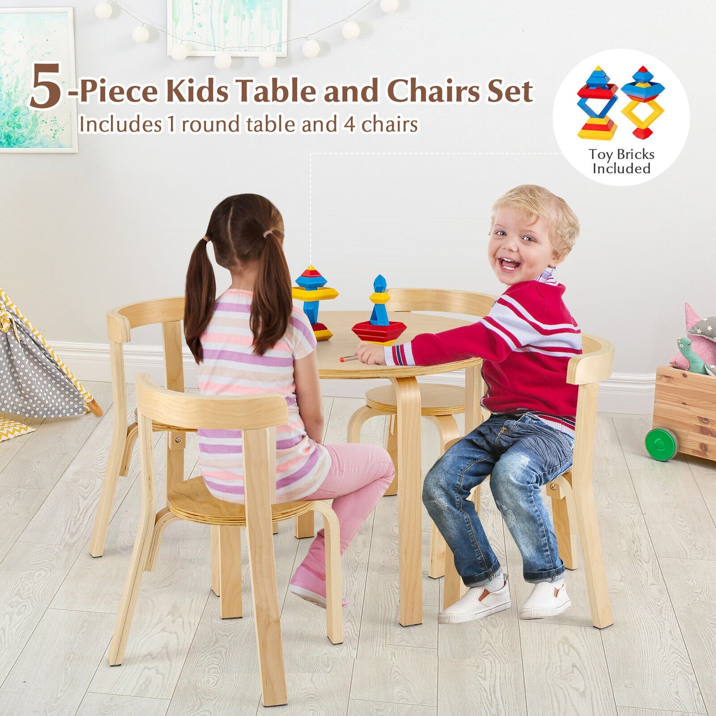 Kids Wooden Table and Chair Set - 5 Piece Activity Furniture