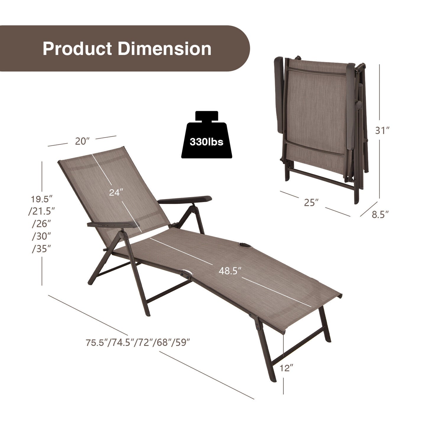 Foldable Chaise Lounge Chair with Adjustable Backrest