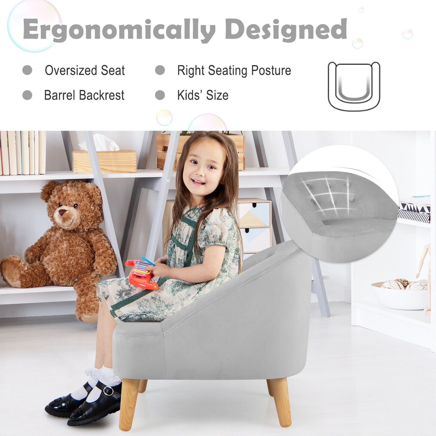Kids Velvet Sofa Chair with Ottoman - Gray