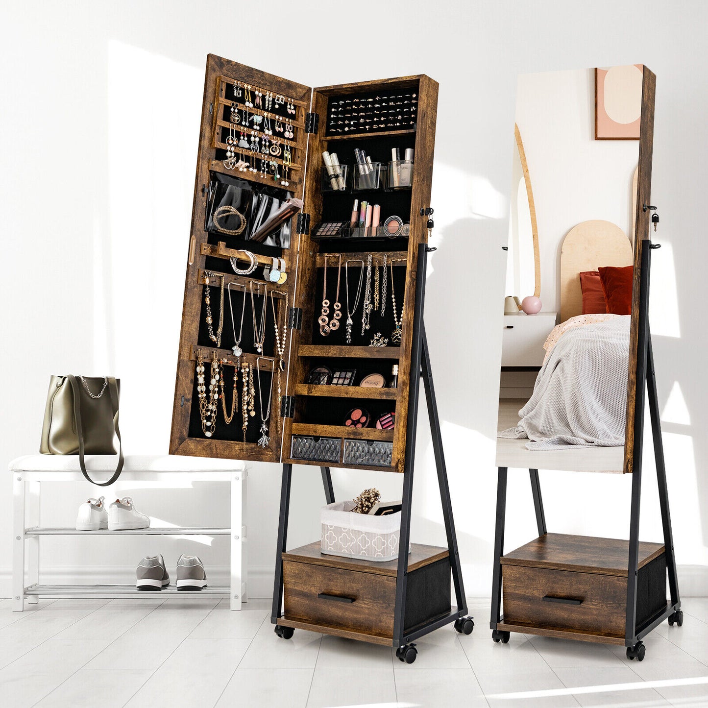 Jewelry Cabinet with Full Length Mirror and Storage Drawer