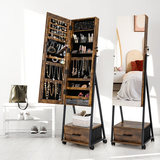 Jewelry Cabinet with Full Length Mirror and Storage Drawer