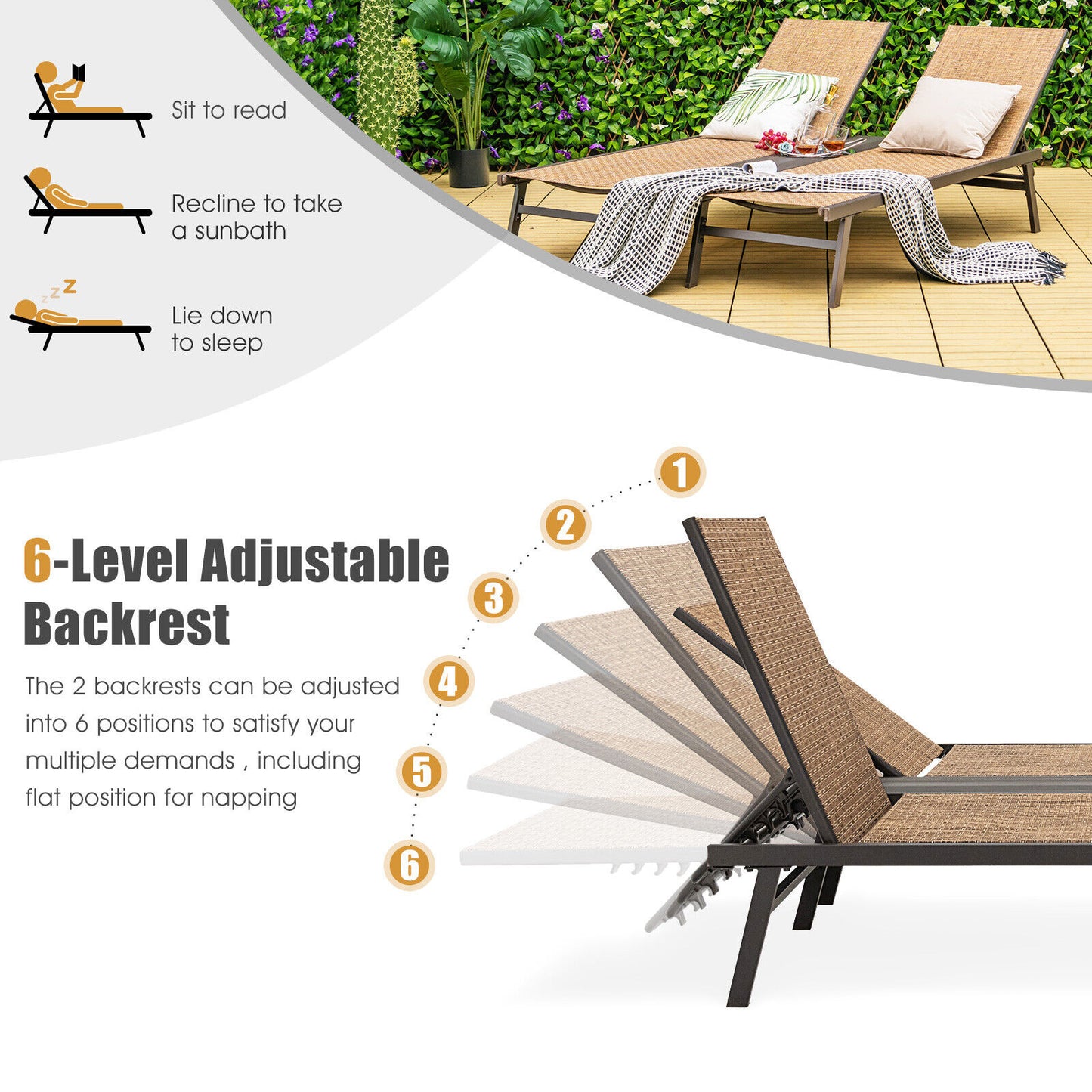 2-Person Patio Chaise Lounge with Adjustable Backrests