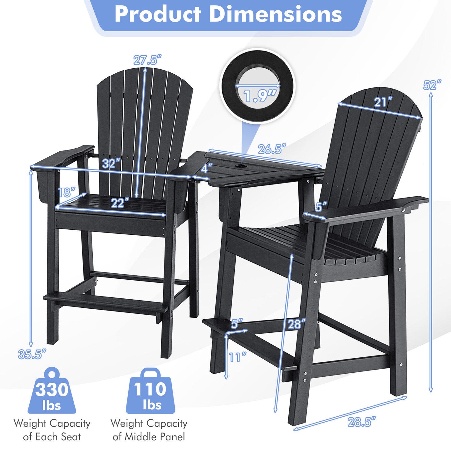 HDPE Tall Adirondack Chair Set with Connecting Tray
